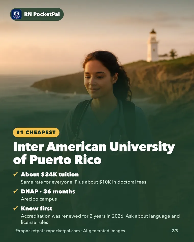 Inter American University of Puerto Rico. About $34K tuition: Same rate for everyone. Plus about $10K in doctoral fees. DNAP · 36 months: Arecibo campus. Know first: Accreditation was renewed for 2 years in 2026. Ask about language and license rules