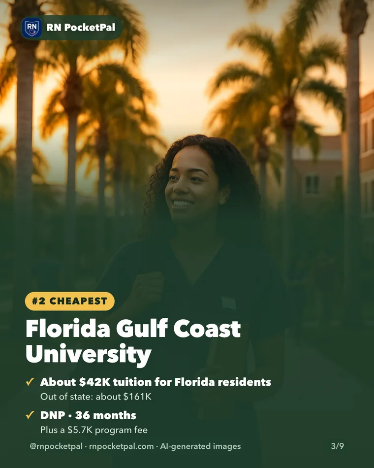 Florida Gulf Coast University. About $42K tuition for Florida residents: Out of state: about $161K. DNP · 36 months: Plus a $5.7K program fee
