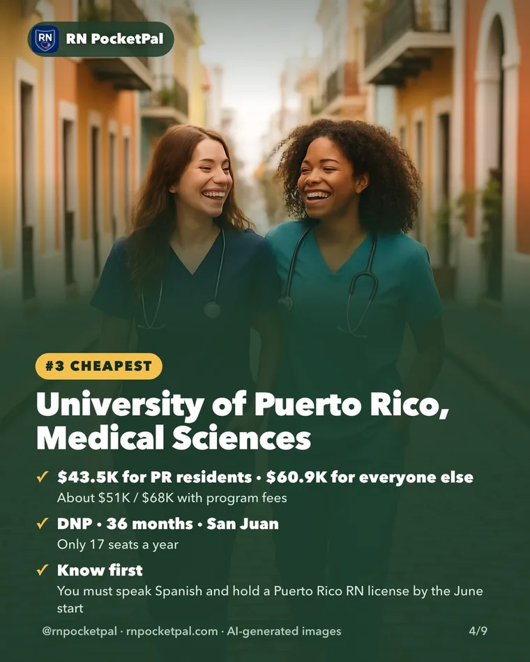 University of Puerto Rico, Medical Sciences. $43.5K for PR residents · $60.9K for everyone else: About $51K / $68K with program fees. DNP · 36 months · San Juan: Only 17 seats a year. Know first: You must speak Spanish and hold a Puerto Rico RN license by the June start