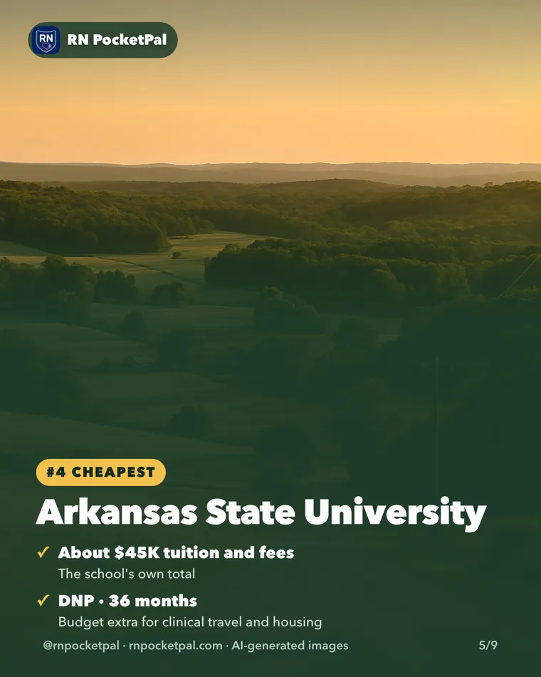 Arkansas State University. About $45K tuition and fees: The school's own total. DNP · 36 months: Budget extra for clinical travel and housing