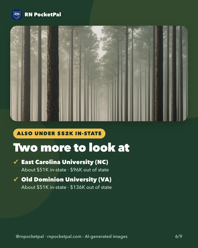 Two more to look at. East Carolina University (NC): About $51K in-state · $96K out of state. Old Dominion University (VA): About $51K in-state · $136K out of state
