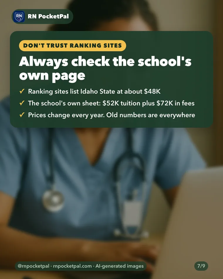 Always check the school's own page. Ranking sites list Idaho State at about $48K. The school's own sheet: $52K tuition plus $72K in fees. Prices change every year. Old numbers are everywhere