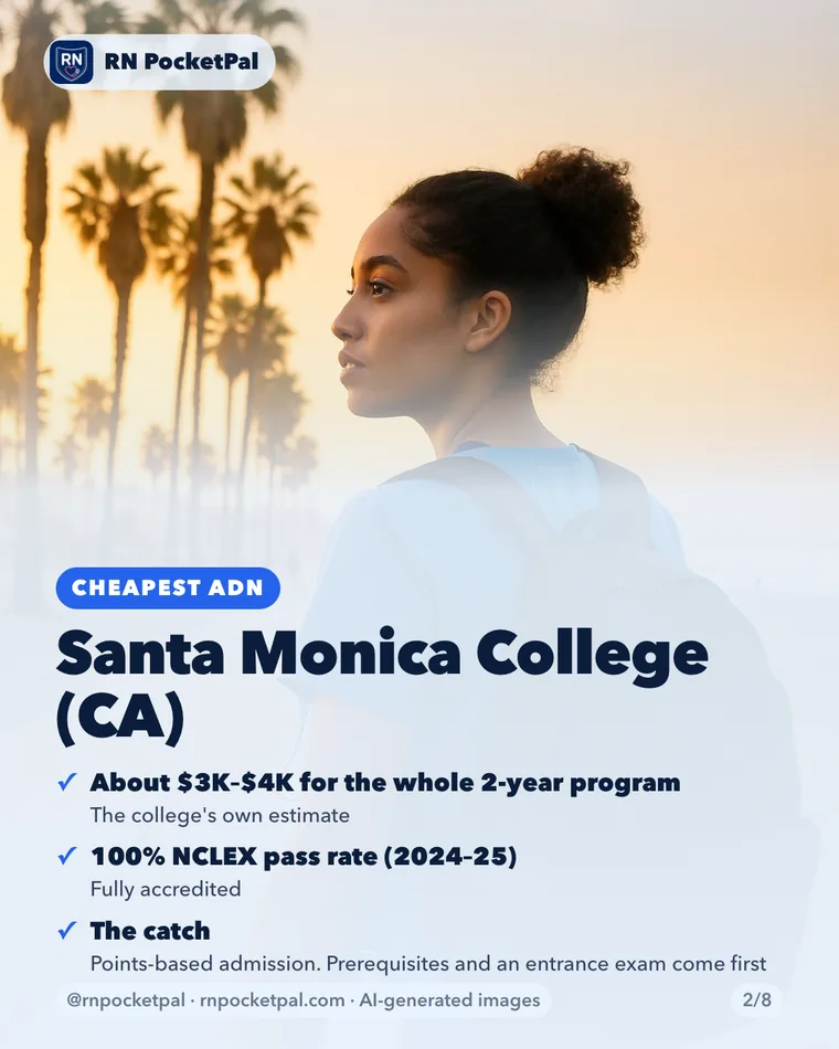 Santa Monica College (CA). About $3K–$4K for the whole 2-year program: The college's own estimate. 100% NCLEX pass rate (2024–25): Fully accredited. The catch: Points-based admission. Prerequisites and an entrance exam come first