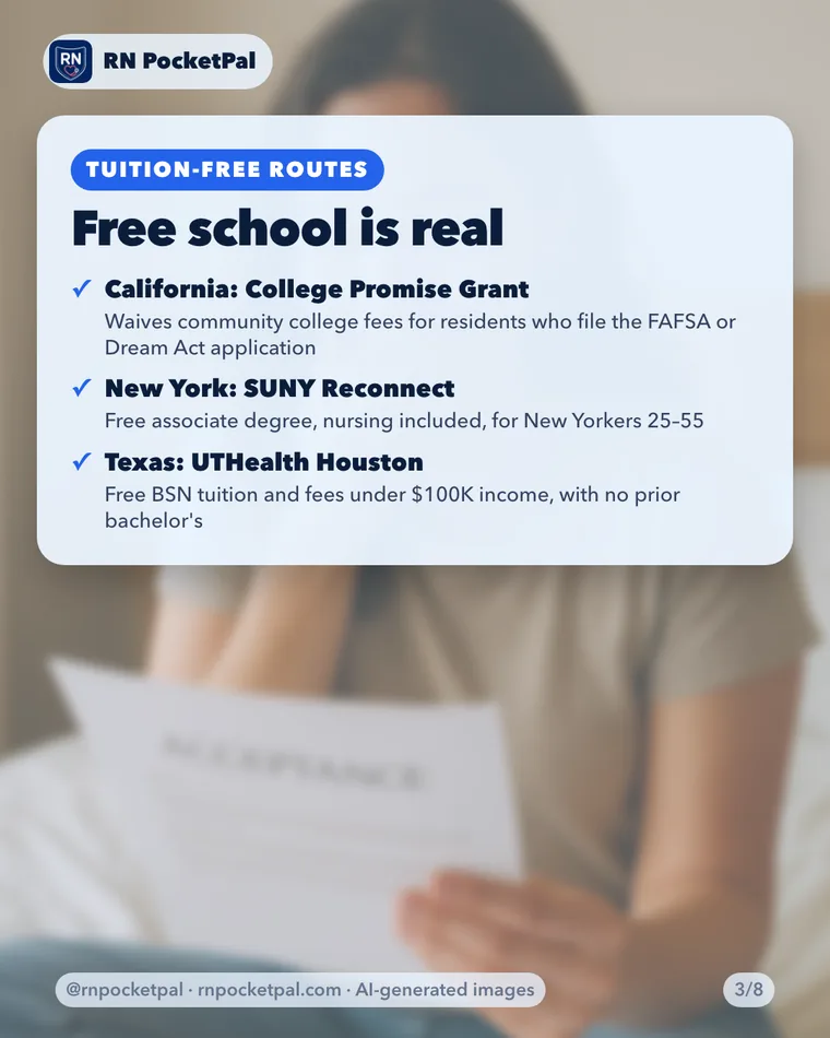 Free school is real. California: College Promise Grant: Waives community college fees for residents who file the FAFSA or Dream Act application. New York: SUNY Reconnect: Free associate degree, nursing included, for New Yorkers 25–55. Texas: UTHealth Houston: Free BSN tuition and fees under $100K…