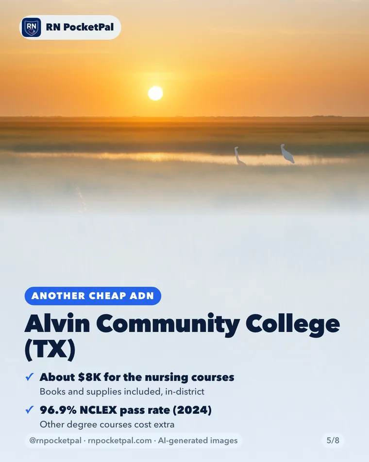 Alvin Community College (TX). About $8K for the nursing courses: Books and supplies included, in-district. 96.9% NCLEX pass rate (2024): Other degree courses cost extra