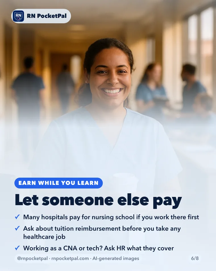 Let someone else pay. Many hospitals pay for nursing school if you work there first. Ask about tuition reimbursement before you take any healthcare job. Working as a CNA or tech? Ask HR what they cover