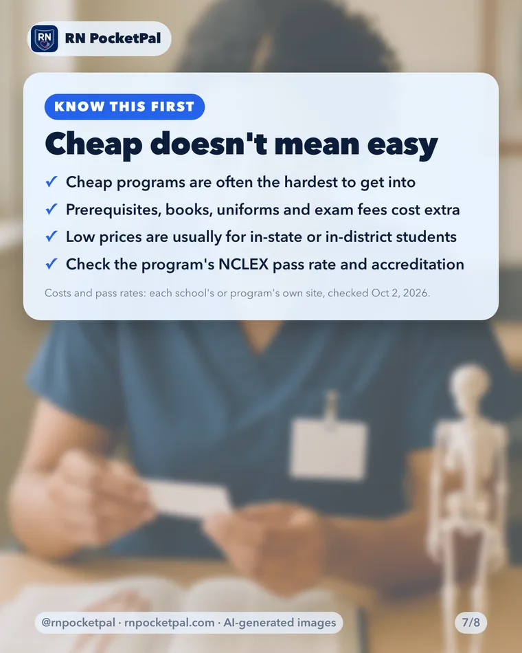 Cheap doesn't mean easy. Cheap programs are often the hardest to get into. Prerequisites, books, uniforms and exam fees cost extra. Low prices are usually for in-state or in-district students. Check the program's NCLEX pass rate and accreditation