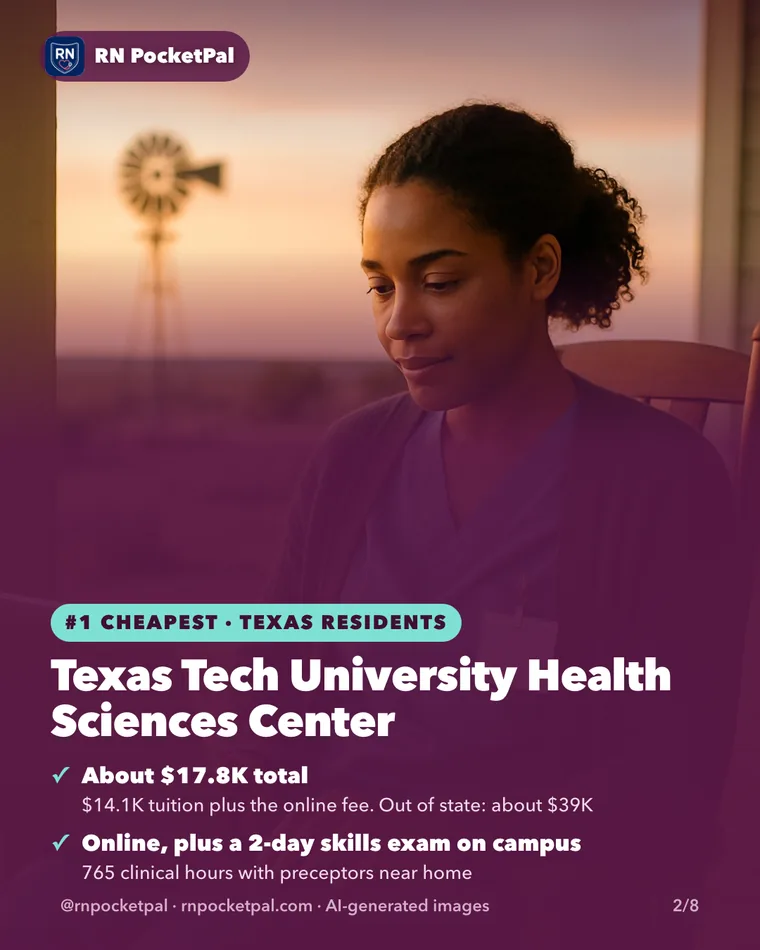 Texas Tech University Health Sciences Center. About $17.8K total: $14.1K tuition plus the online fee. Out of state: about $39K. Online, plus a 2-day skills exam on campus: 765 clinical hours with preceptors near home