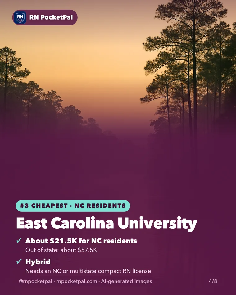 East Carolina University. About $21.5K for NC residents: Out of state: about $57.5K. Hybrid: Needs an NC or multistate compact RN license