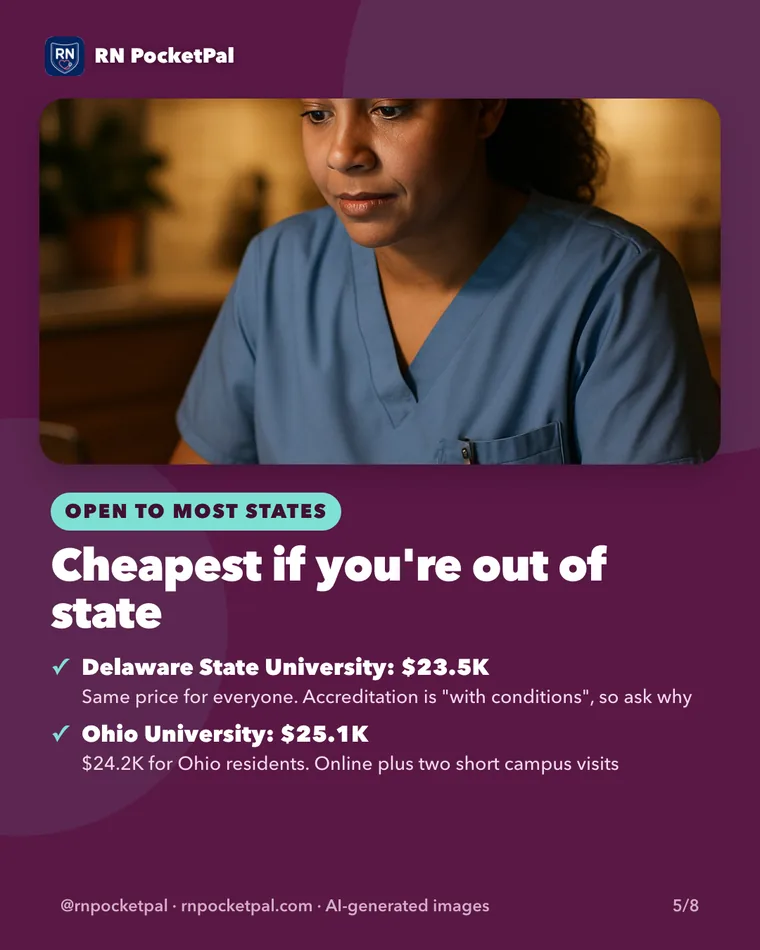 Cheapest if you're out of state. Delaware State University: $23.5K: Same price for everyone. Accreditation is "with conditions", so ask why. Ohio University: $25.1K: $24.2K for Ohio residents. Online plus two short campus visits
