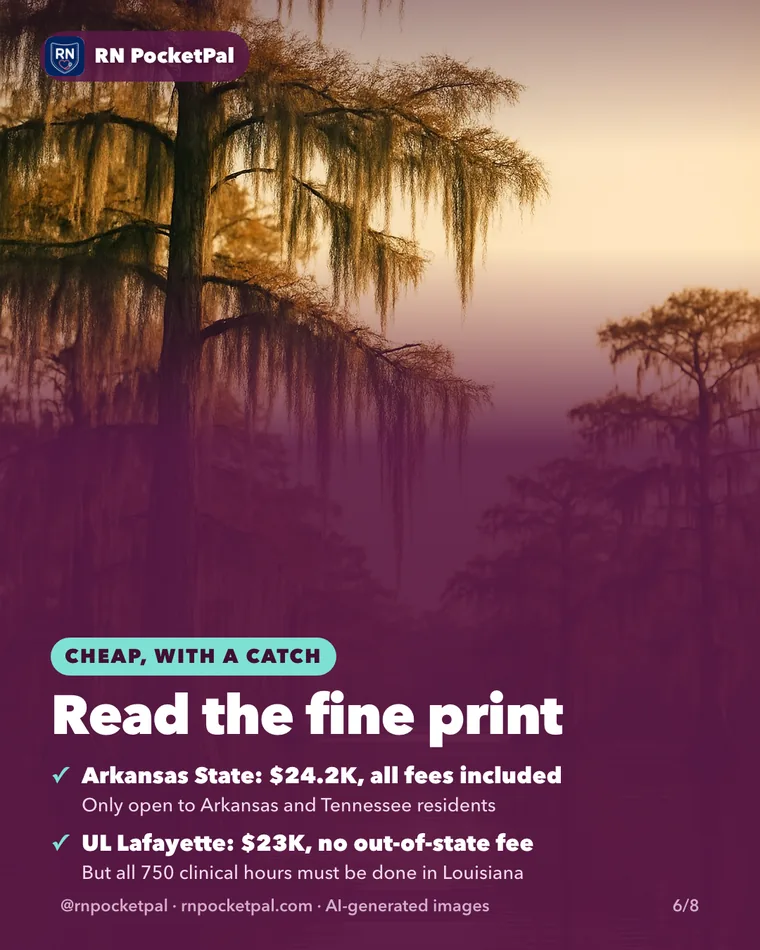 Read the fine print. Arkansas State: $24.2K, all fees included: Only open to Arkansas and Tennessee residents. UL Lafayette: $23K, no out-of-state fee: But all 750 clinical hours must be done in Louisiana
