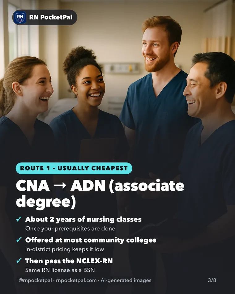 CNA → ADN (associate degree). About 2 years of nursing classes: Once your prerequisites are done. Offered at most community colleges: In-district pricing keeps it low. Then pass the NCLEX-RN: Same RN license as a BSN