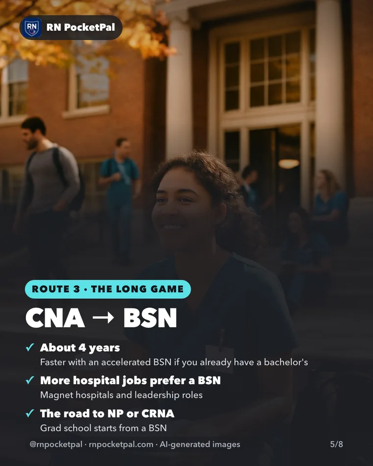 CNA → BSN. About 4 years: Faster with an accelerated BSN if you already have a bachelor's. More hospital jobs prefer a BSN: Magnet hospitals and leadership roles. The road to NP or CRNA: Grad school starts from a BSN