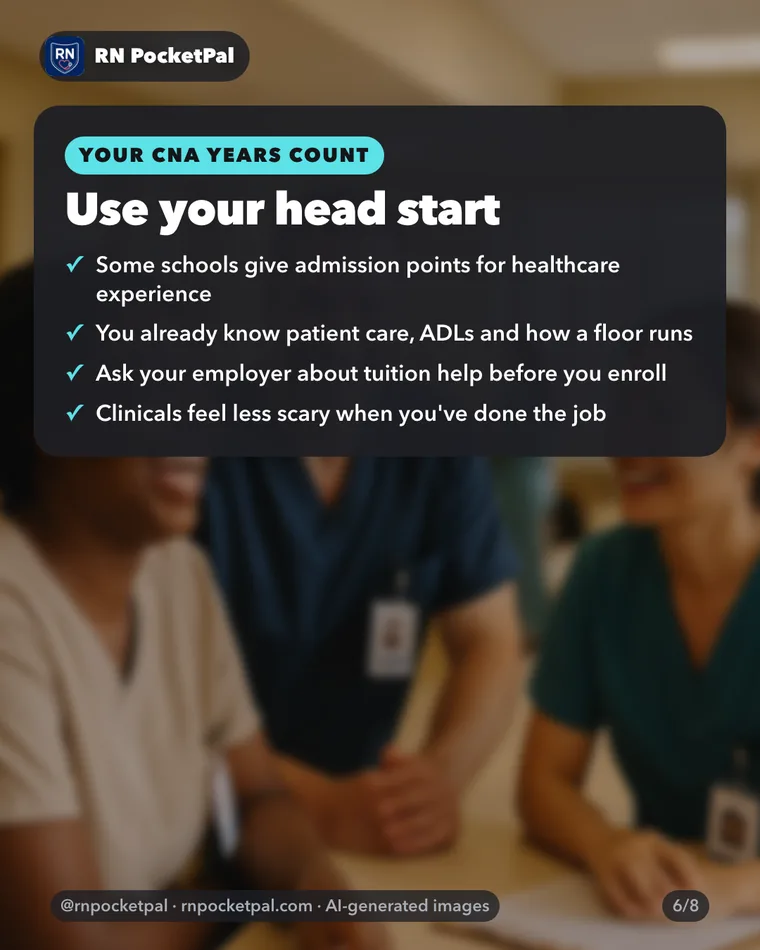Use your head start. Some schools give admission points for healthcare experience. You already know patient care, ADLs and how a floor runs. Ask your employer about tuition help before you enroll. Clinicals feel less scary when you've done the job