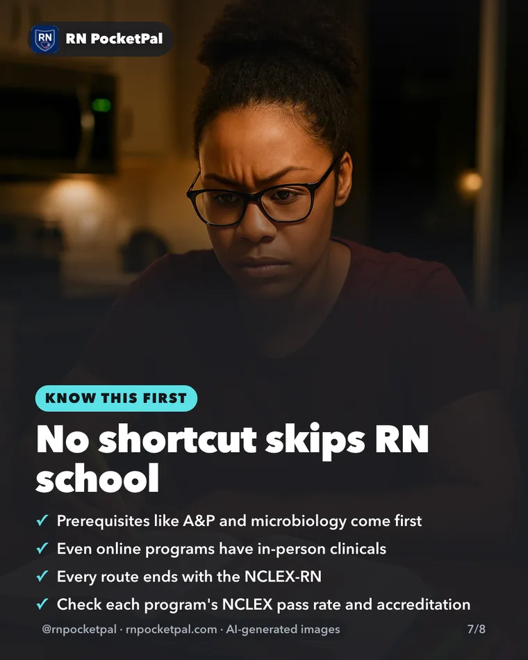 No shortcut skips RN school. Prerequisites like A&P and microbiology come first. Even online programs have in-person clinicals. Every route ends with the NCLEX-RN. Check each program's NCLEX pass rate and accreditation