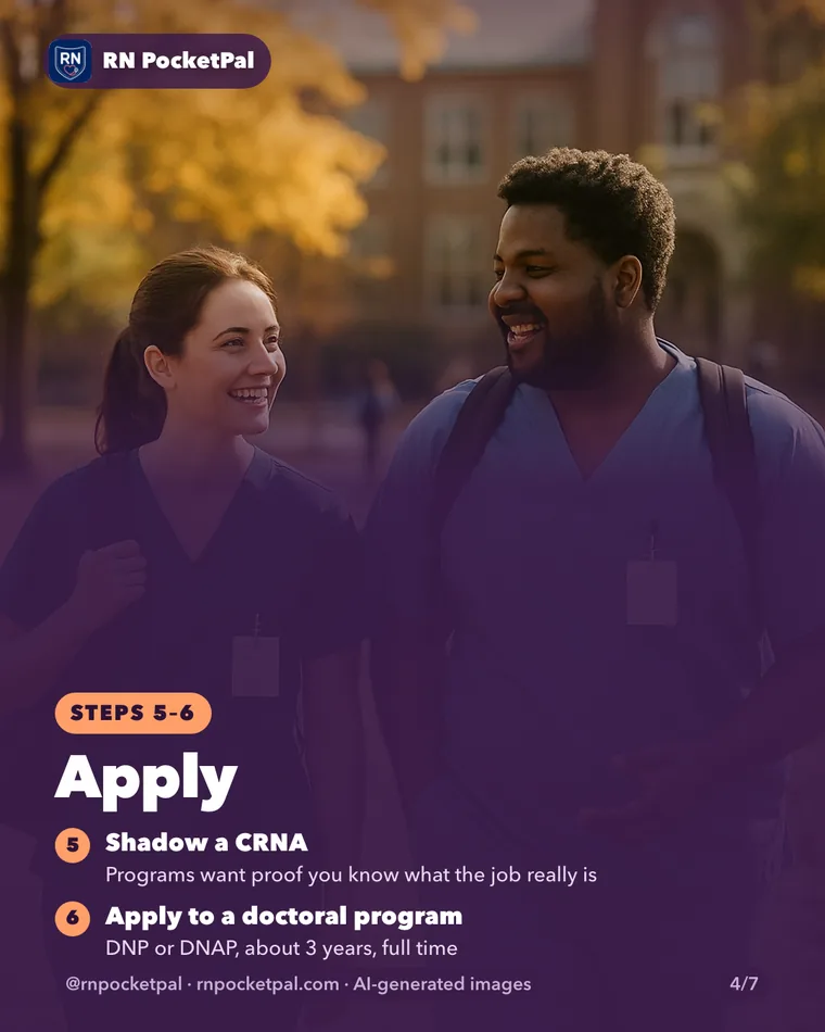 Apply. Shadow a CRNA: Programs want proof you know what the job really is. Apply to a doctoral program: DNP or DNAP, about 3 years, full time