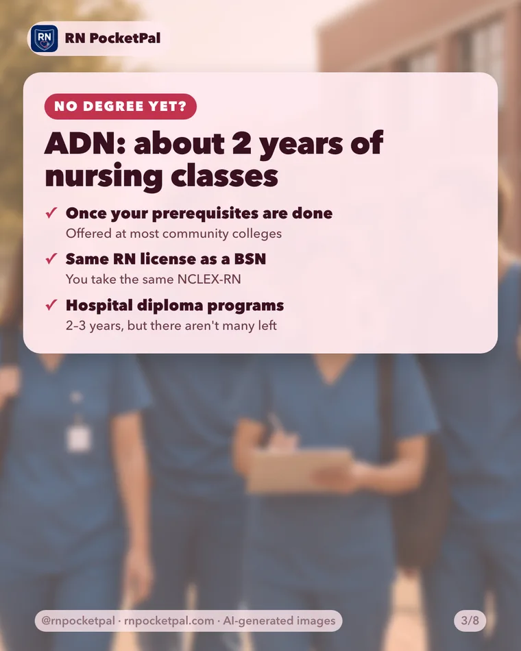 ADN: about 2 years of nursing classes. Once your prerequisites are done: Offered at most community colleges. Same RN license as a BSN: You take the same NCLEX-RN. Hospital diploma programs: 2–3 years, but there aren't many left