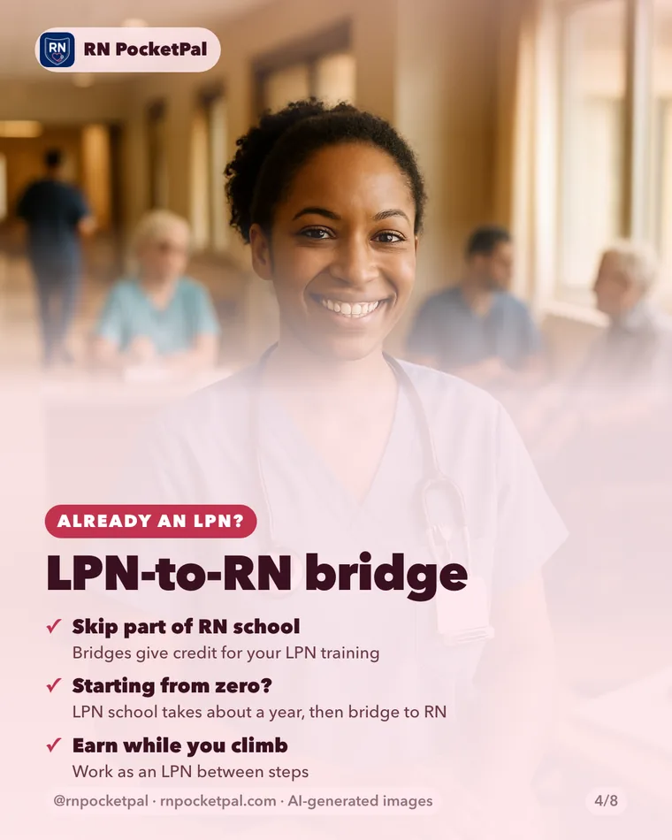 LPN-to-RN bridge. Skip part of RN school: Bridges give credit for your LPN training. Starting from zero?: LPN school takes about a year, then bridge to RN. Earn while you climb: Work as an LPN between steps