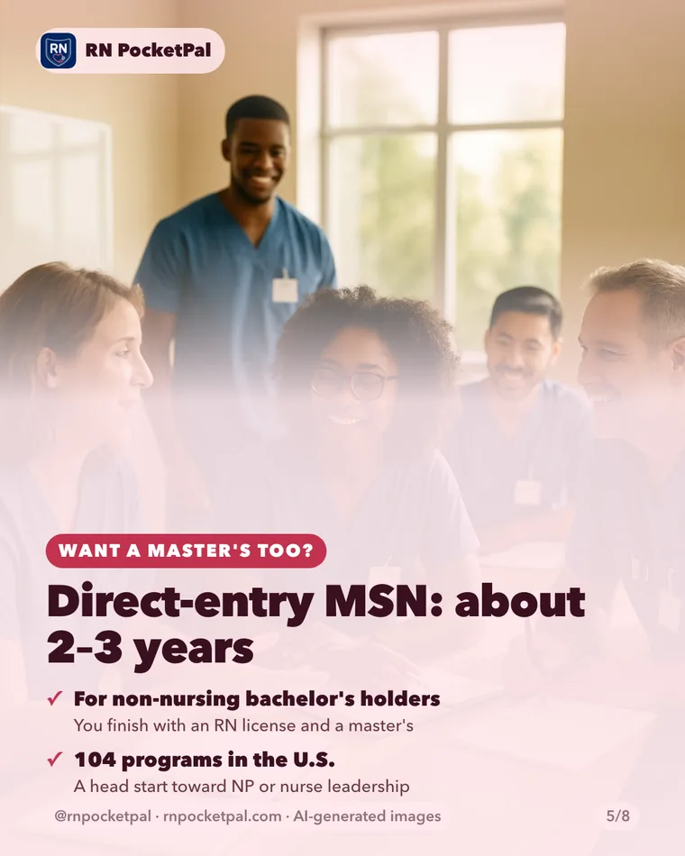 Direct-entry MSN: about 2–3 years. For non-nursing bachelor's holders: You finish with an RN license and a master's. 104 programs in the U.S.: A head start toward NP or nurse leadership