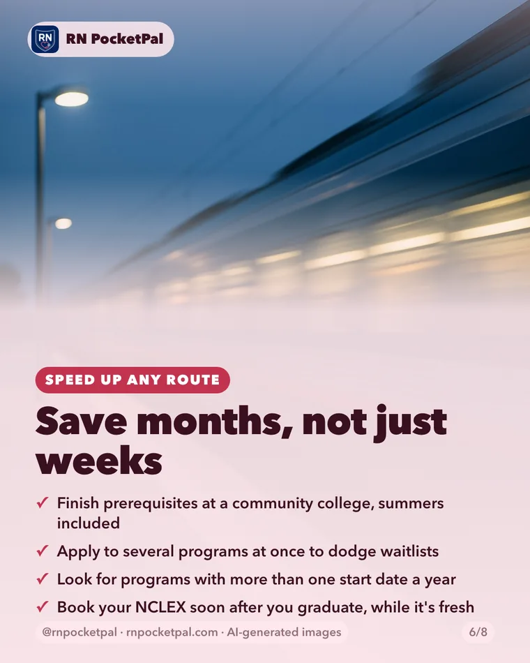 Save months, not just weeks. Finish prerequisites at a community college, summers included. Apply to several programs at once to dodge waitlists. Look for programs with more than one start date a year. Book your NCLEX soon after you graduate, while it's fresh