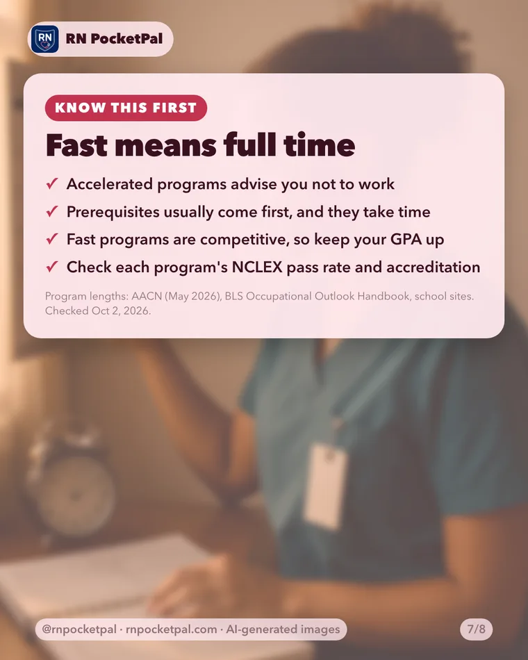 Fast means full time. Accelerated programs advise you not to work. Prerequisites usually come first, and they take time. Fast programs are competitive, so keep your GPA up. Check each program's NCLEX pass rate and accreditation