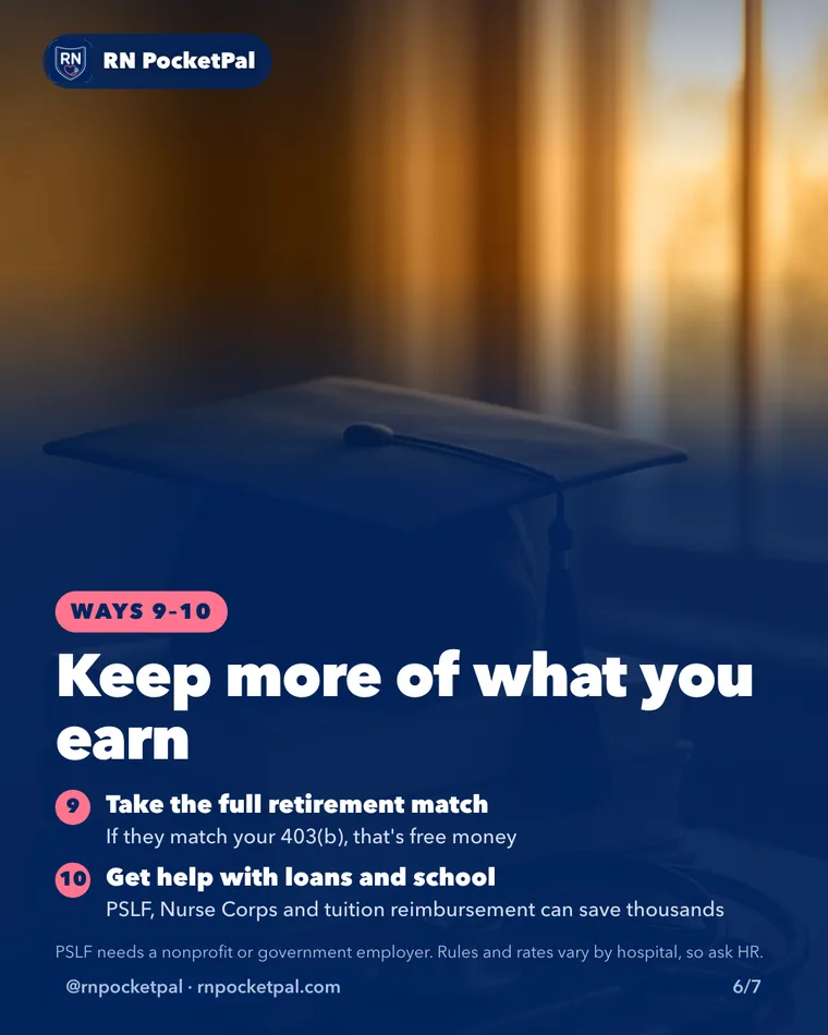 Keep more of what you earn. Take the full retirement match: If they match your 403(b), that's free money. Get help with loans and school: PSLF, Nurse Corps and tuition reimbursement can save thousands
