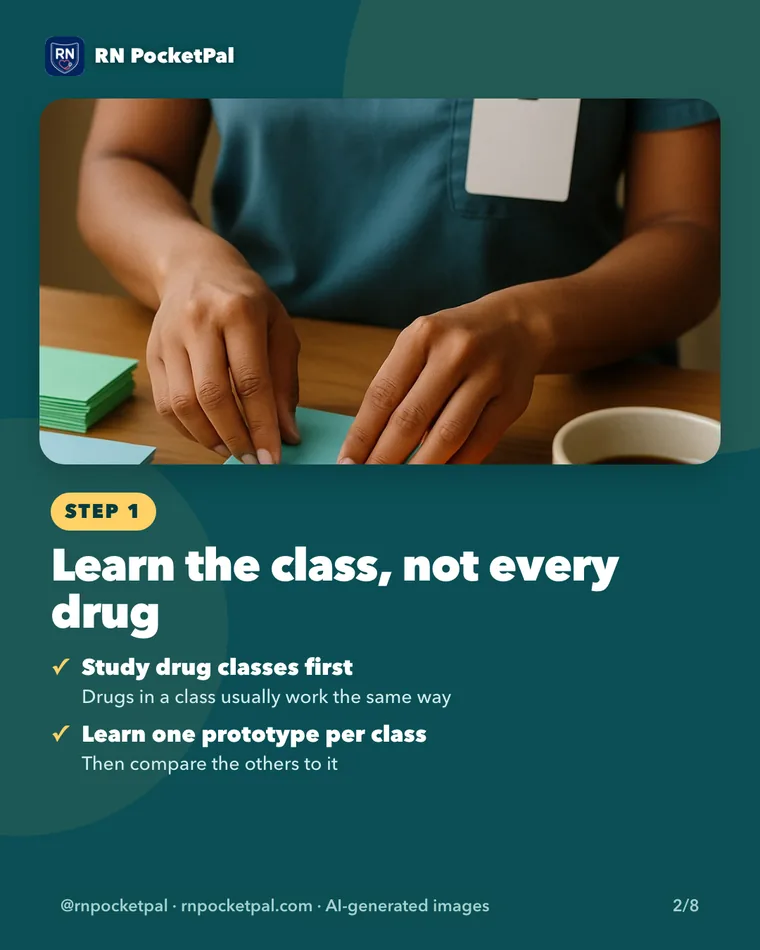 Learn the class, not every drug. Study drug classes first: Drugs in a class usually work the same way. Learn one prototype per class: Then compare the others to it