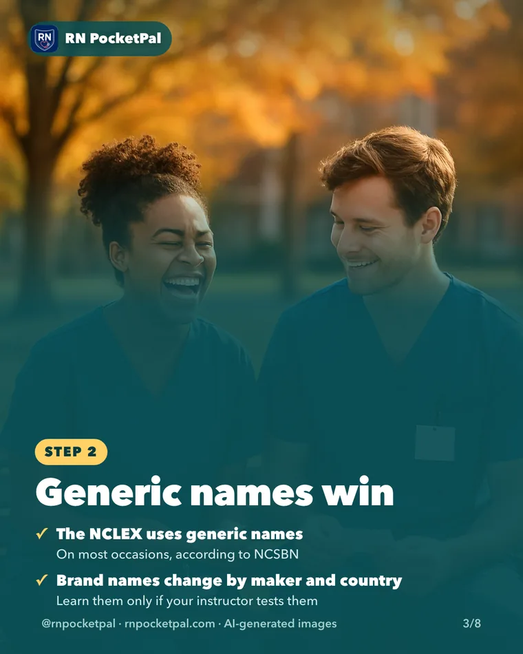 Generic names win. The NCLEX uses generic names: On most occasions, according to NCSBN. Brand names change by maker and country: Learn them only if your instructor tests them