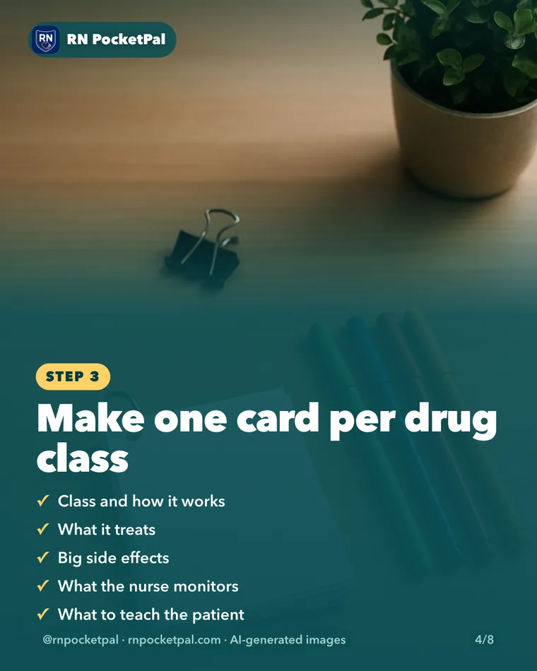 Make one card per drug class. Class and how it works. What it treats. Big side effects. What the nurse monitors. What to teach the patient