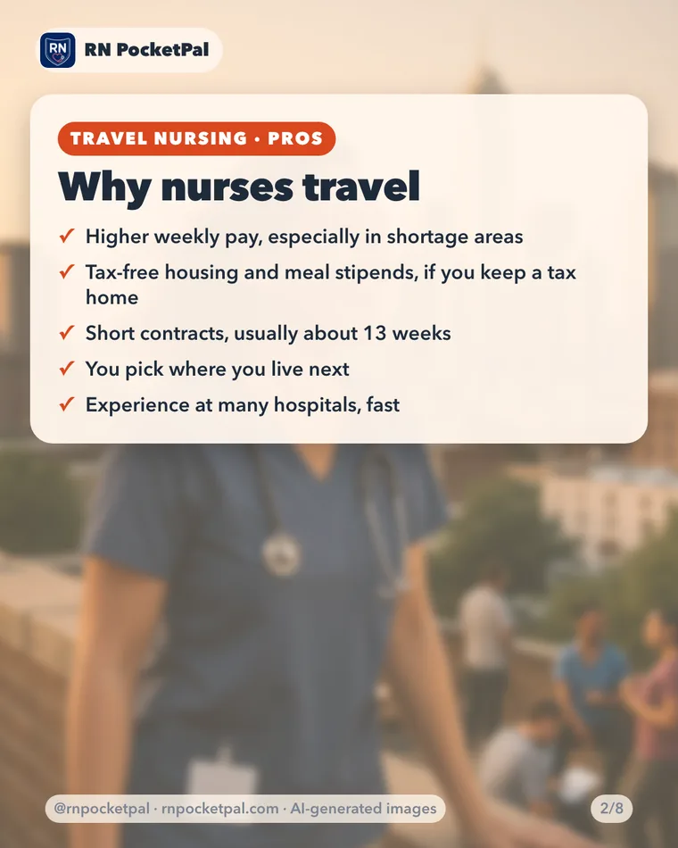 Why nurses travel. Higher weekly pay, especially in shortage areas. Tax‑free housing and meal stipends, if you keep a tax home. Short contracts, usually about 13 weeks. You pick where you live next. Experience at many hospitals, fast