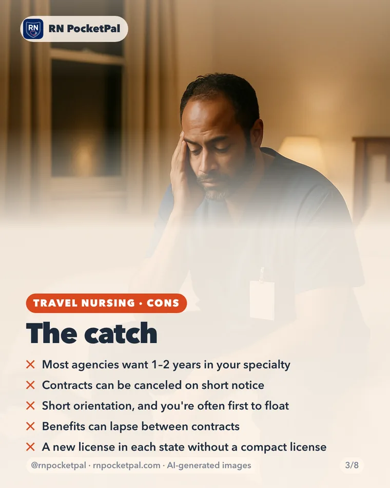 The catch. Most agencies want 1–2 years in your specialty. Contracts can be canceled on short notice. Short orientation, and you're often first to float. Benefits can lapse between contracts. A new license in each state without a compact license