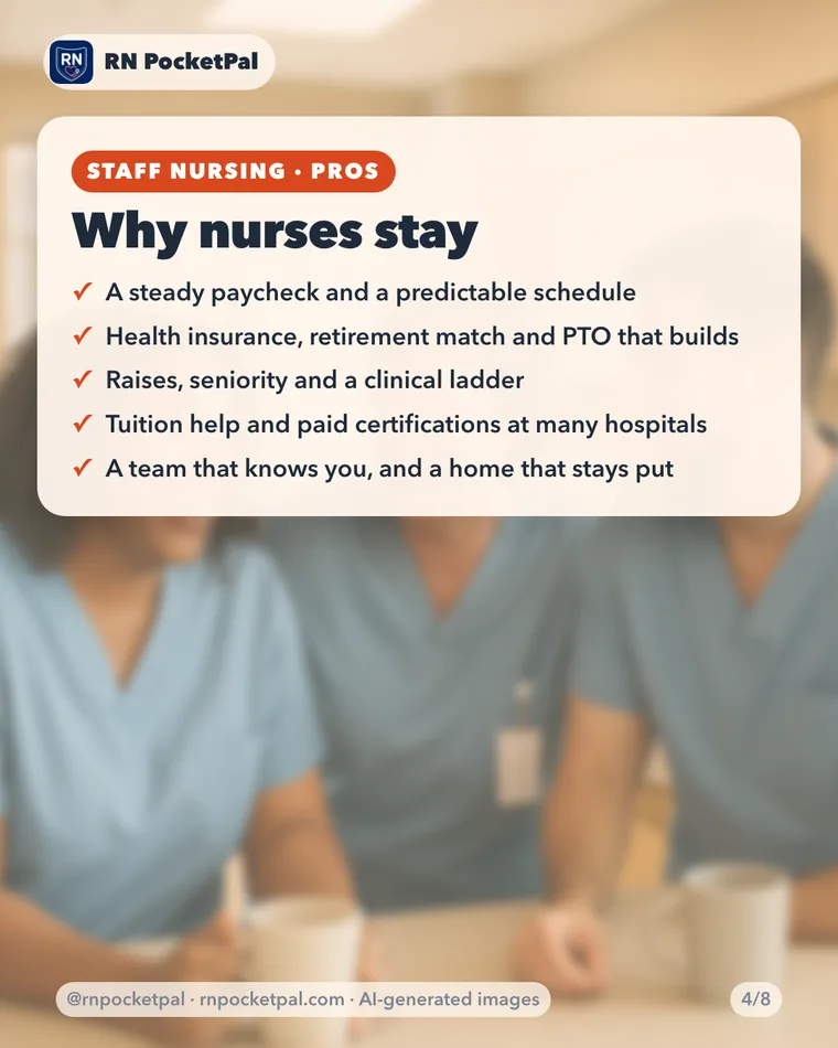 Why nurses stay. A steady paycheck and a predictable schedule. Health insurance, retirement match and PTO that builds. Raises, seniority and a clinical ladder. Tuition help and paid certifications at many hospitals. A team that knows you, and a home that stays put