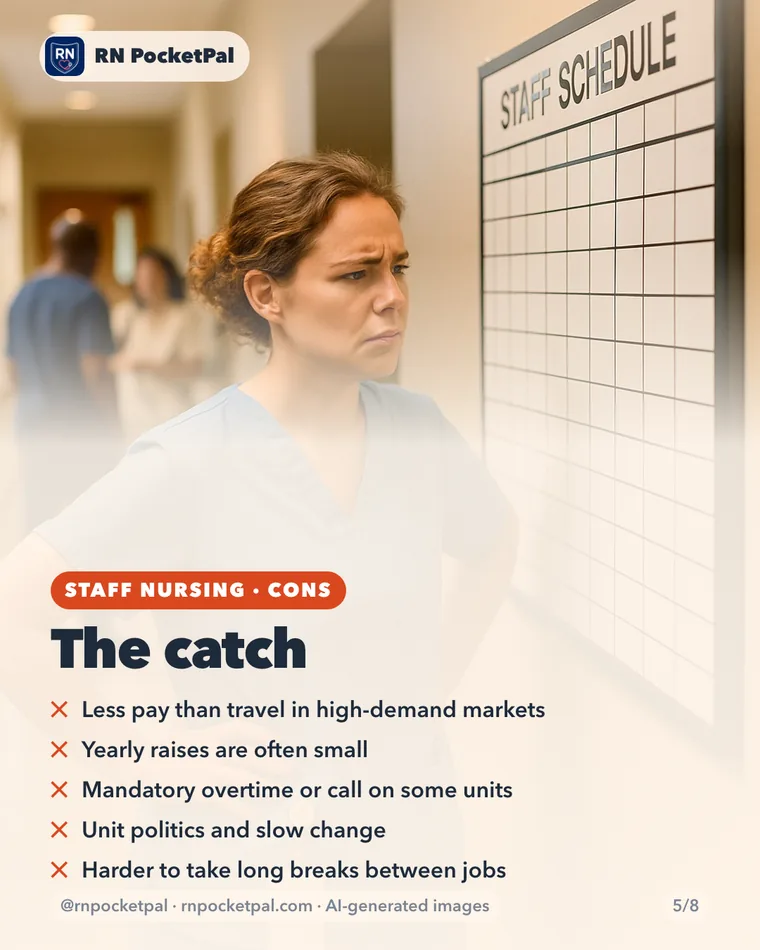 The catch. Less pay than travel in high‑demand markets. Yearly raises are often small. Mandatory overtime or call on some units. Unit politics and slow change. Harder to take long breaks between jobs