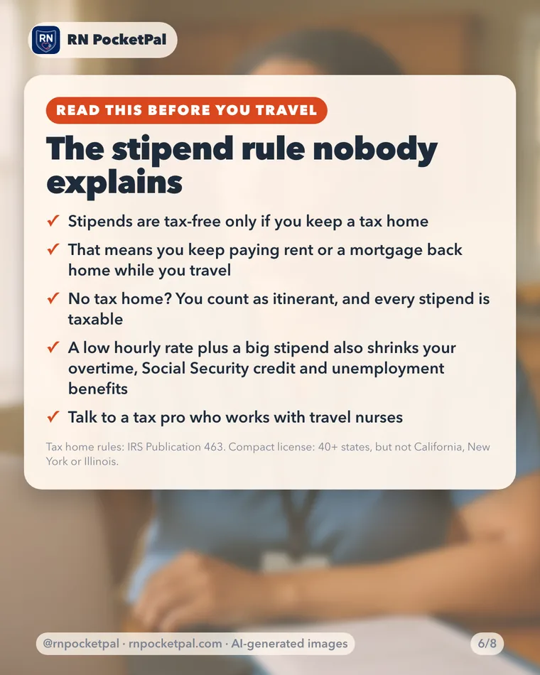 The stipend rule nobody explains. Stipends are tax‑free only if you keep a tax home. That means you keep paying rent or a mortgage back home while you travel. No tax home? You count as itinerant, and every stipend is taxable. A low hourly rate plus a big stipend also shrinks your overtime, Social…