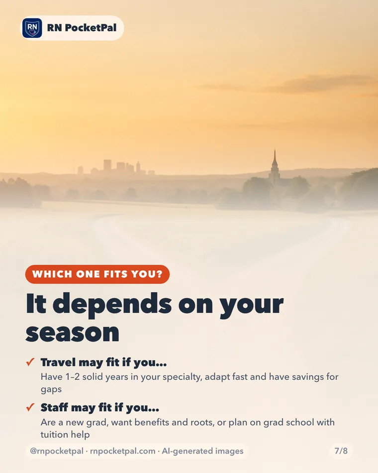 It depends on your season. Travel may fit if you…: Have 1–2 solid years in your specialty, adapt fast and have savings for gaps. Staff may fit if you…: Are a new grad, want benefits and roots, or plan on grad school with tuition help